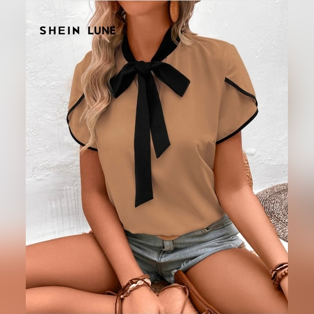 SHEIN Tan Blouse with Black Bow Accent Size Medium